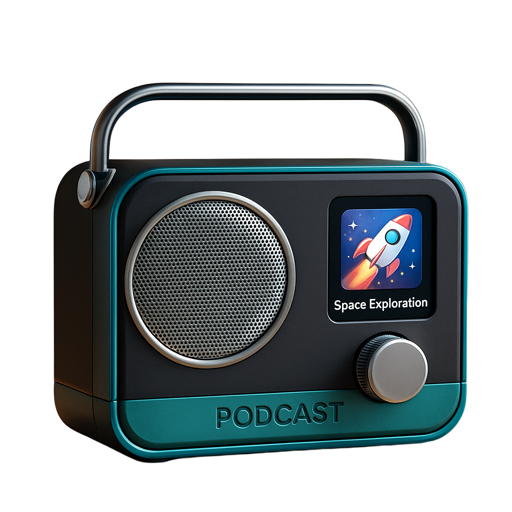 AI render of an ambient podcast player: black/teal device with circular speaker, small color screen reading 'Space Exploration', embossed PODCAST lettering and metallic handle.